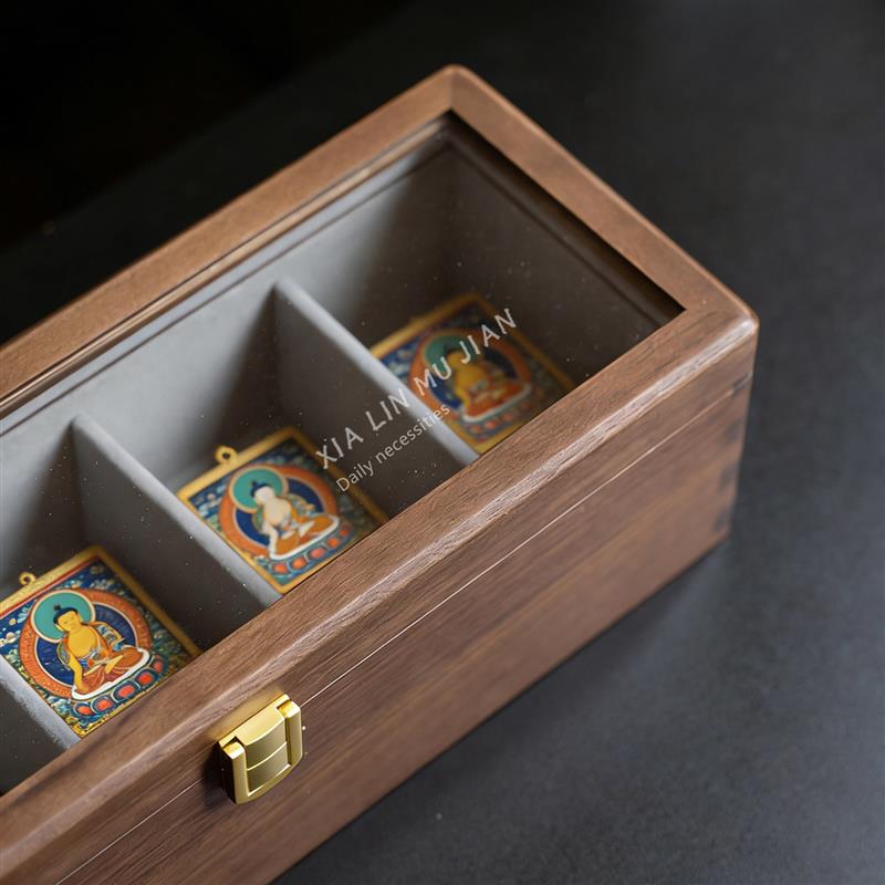 唐卡盒文玩收纳盒放泰国佛牌展示盒实木带盖防尘分格储物盒大容量