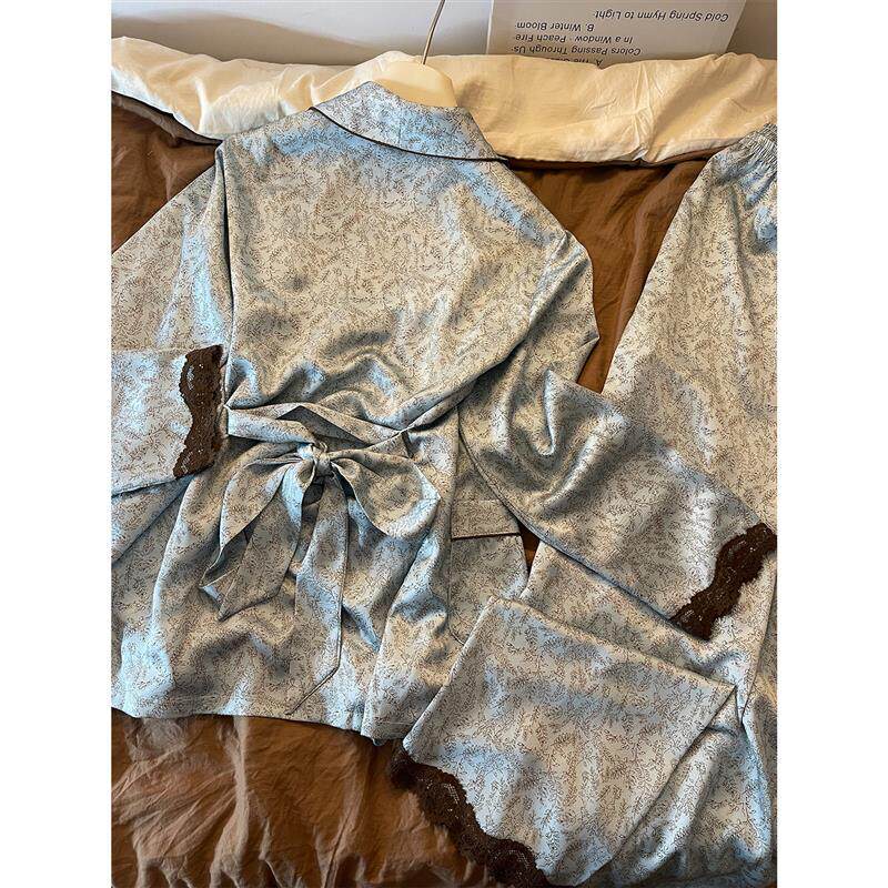 复古蕾丝花边碎花冰丝缎面睡衣女春夏款吊带开衫长裤家居服套装女