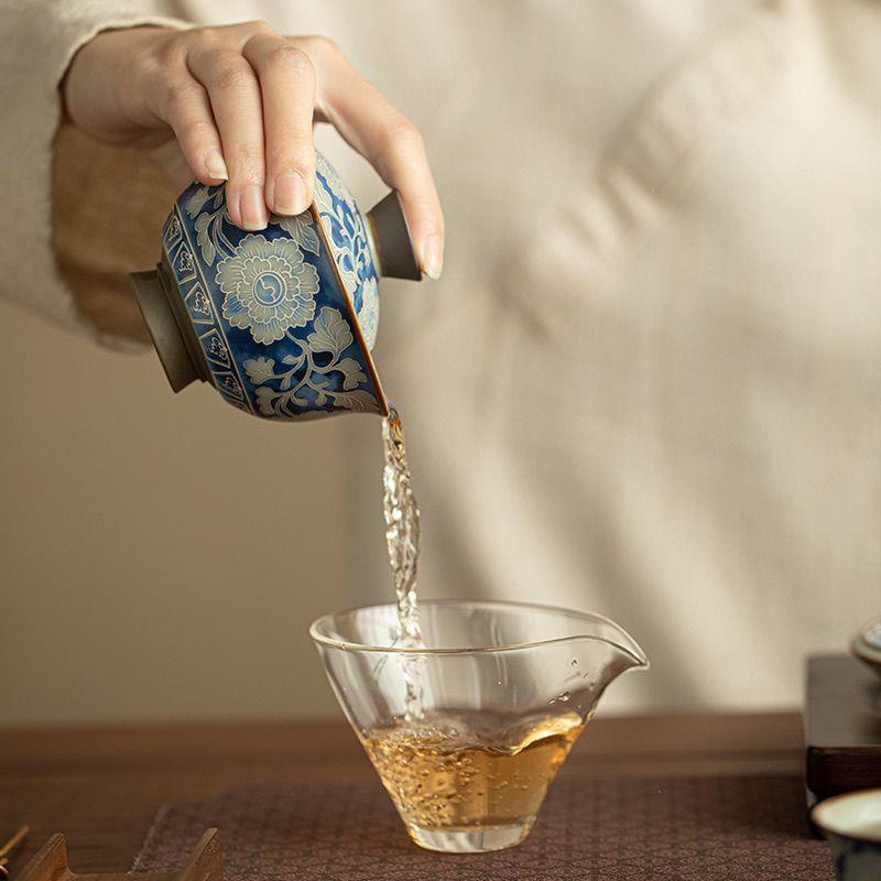 汝窑元青花元宝盖碗中国风陶瓷泡茶碗家用功夫茶具悬停旋转三才碗