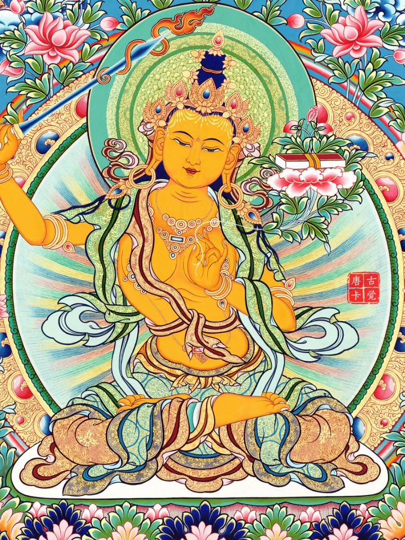 文殊菩萨唐卡挂画 新中式装饰画 客厅玄关办公室装饰 无框棉布画