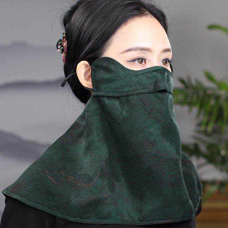 香云纱护眼角有透气孔口罩护颈防晒面纱档太阳防风防尘桑蚕丝脸罩