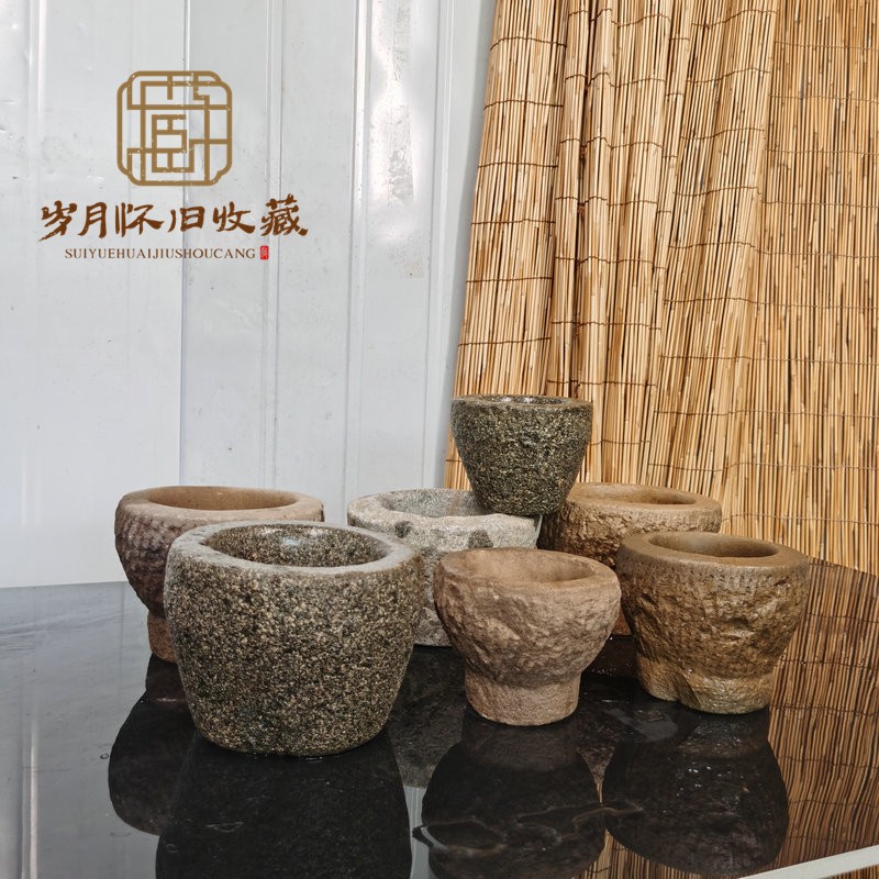 古朴老青石臼花盆老砂石小石臼摆件景观老石臼菖蒲花盆石槽
