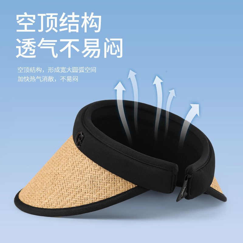 大帽檐防晒帽空顶草帽黑胶遮阳帽女夏防紫外线发箍式太阳帽沙滩帽