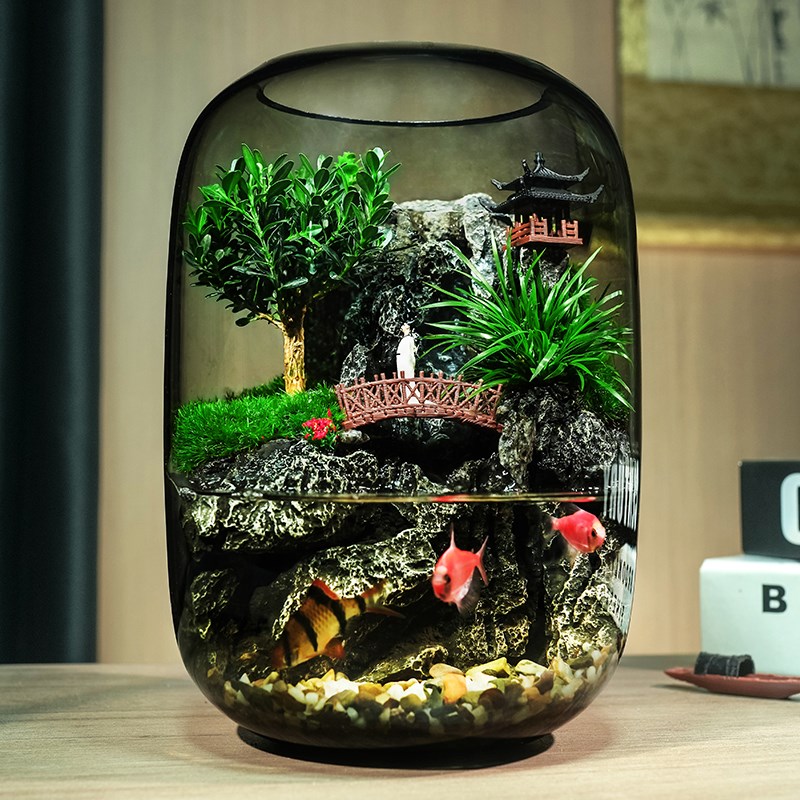 小桥流水苔藓微景观流水款养鱼缸真植物生态瓶办公室成品乔迁送礼