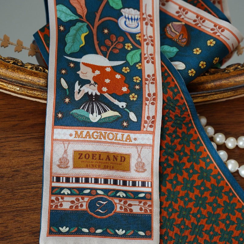 ZOELAND《木兰与蝶》丝带手柄 桑蚕丝窄丝巾/发带/绑包/领巾