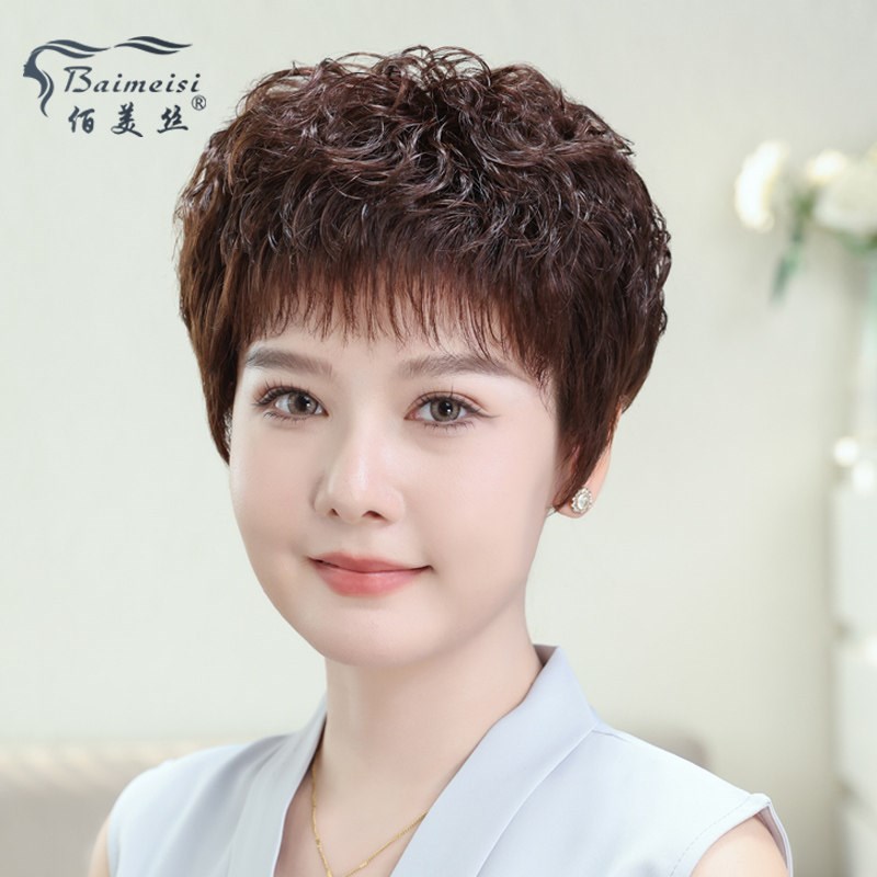 假发女自然全头套短发真发蓬松轻薄女士中老年妈妈假发套短卷发
