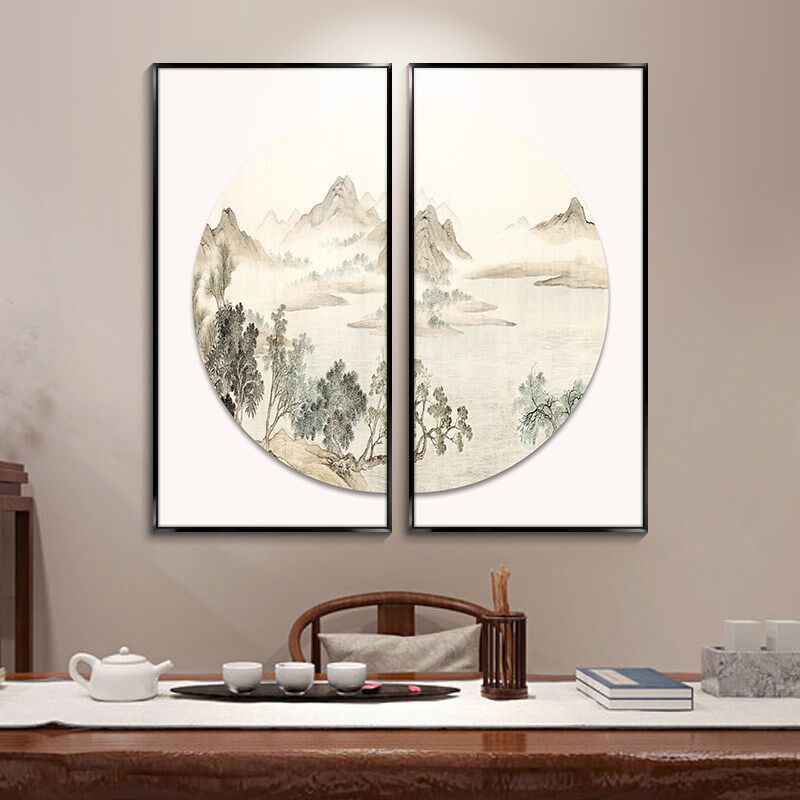 中国风山水画茶室挂画两联客厅餐厅包间墙面装饰画玄关过道水墨画