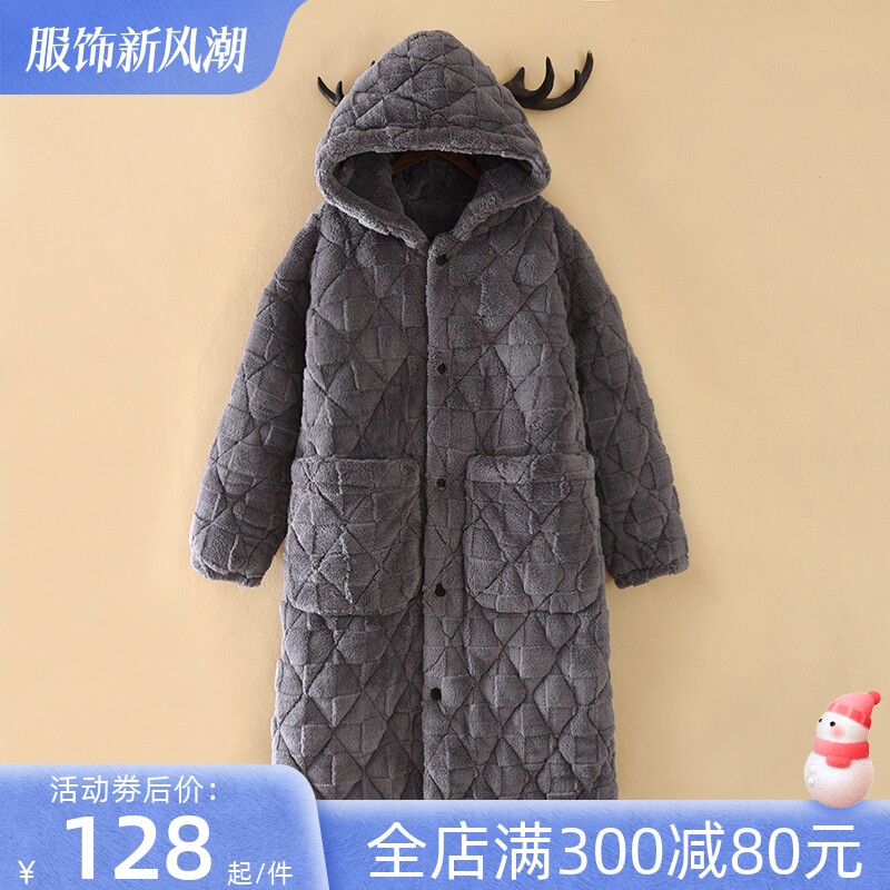睡袍女冬加厚加长款棉睡衣情侣冬季大尺码珊瑚绒夹棉保暖男士浴袍