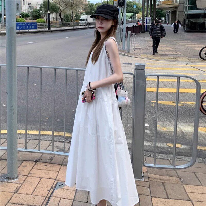 孕妇背心连衣裙打底裙小白裙无袖背心连衣裙气质高级感度假风长裙