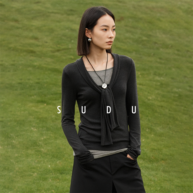 SUDU素都2026春季假两件绑带长袖T恤女通勤休闲简约修身打底上衣
