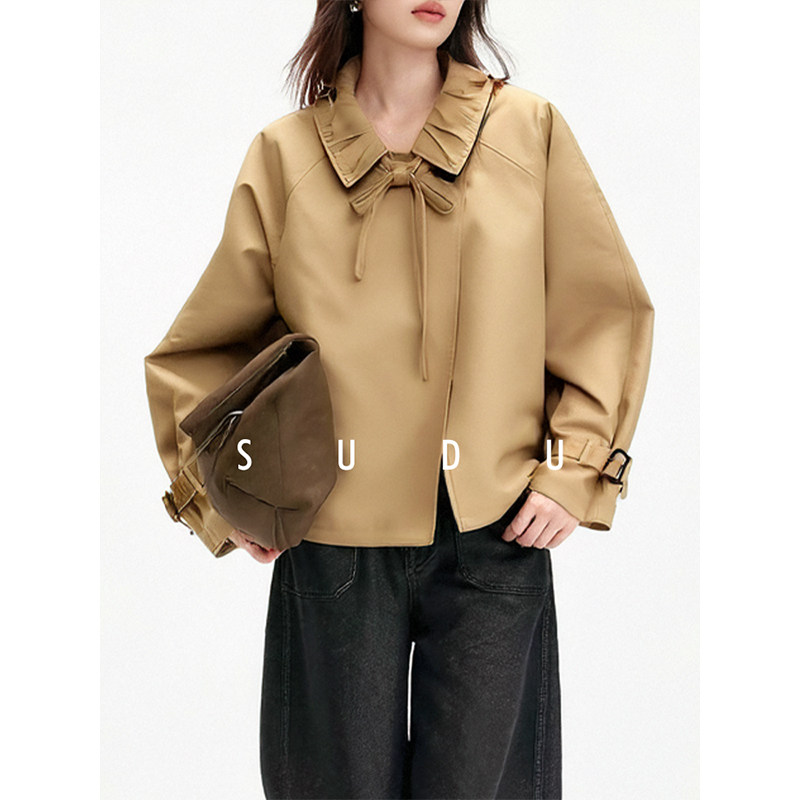 SUDU素都2026春秋季短款风衣设计感小众蝴蝶结绑带卡其夹克外套女,女装/女士精品,短外套,淘宝优惠券,粉丝福利购,淘宝优惠卷