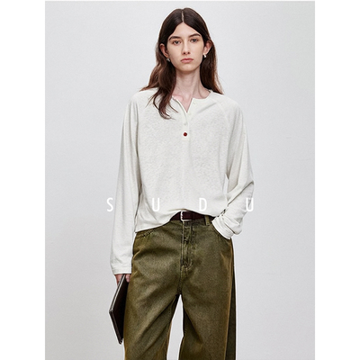 素都插肩袖亨利领长袖t恤女上衣
