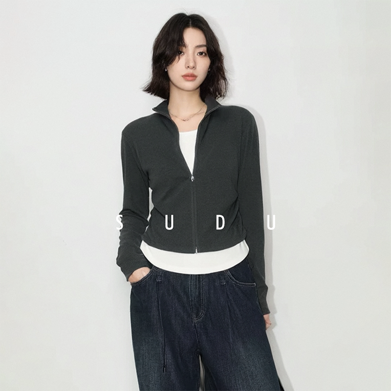 素都半拉链立领长袖t恤女打底衫