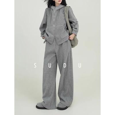 素都加绒加厚纯色连帽卫衣两件套