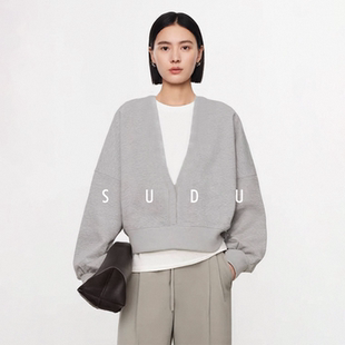SUDU素都2026春秋季叠穿深V领灰色卫衣女高级感宽松显瘦通勤上衣