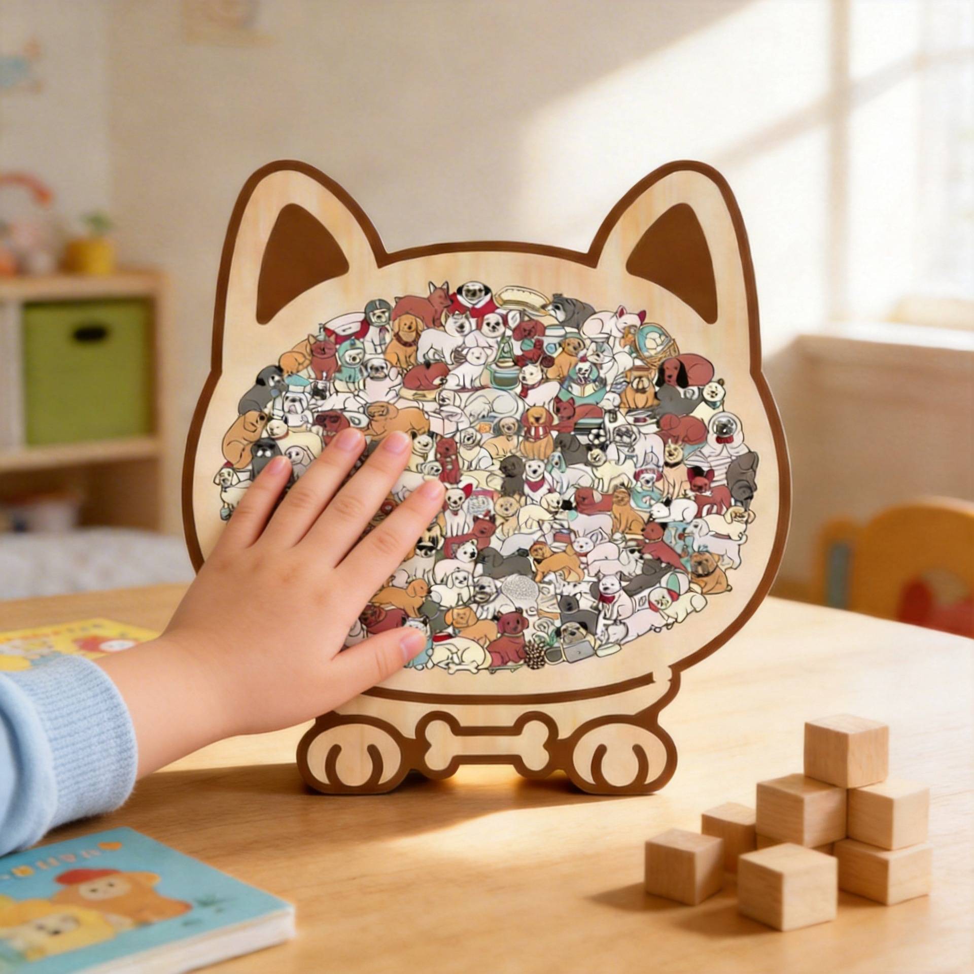 猫咪狗狗圆圈木质拼图异形3d立体益智玩具高级感儿童成人版摆件