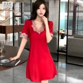 冰丝睡衣女2025夏季 睡裙家居服 短袖 新款 性感V领绣花丝绸薄款