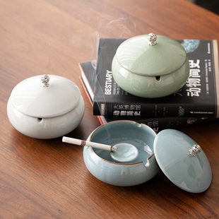 哥窑大号带盖烟灰缸家用轻奢防风烟盅公室级感带灭烟槽灰缸