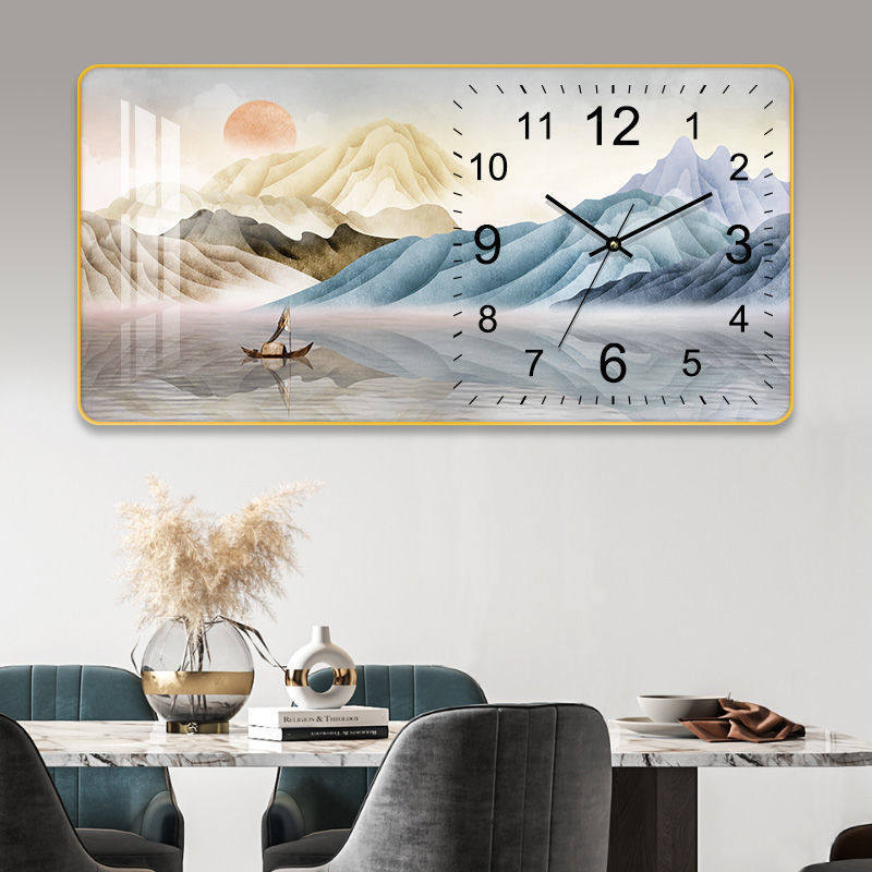 山水画客厅挂钟装饰画中国风表钟挂墙客厅静音石英钟免打孔挂钟