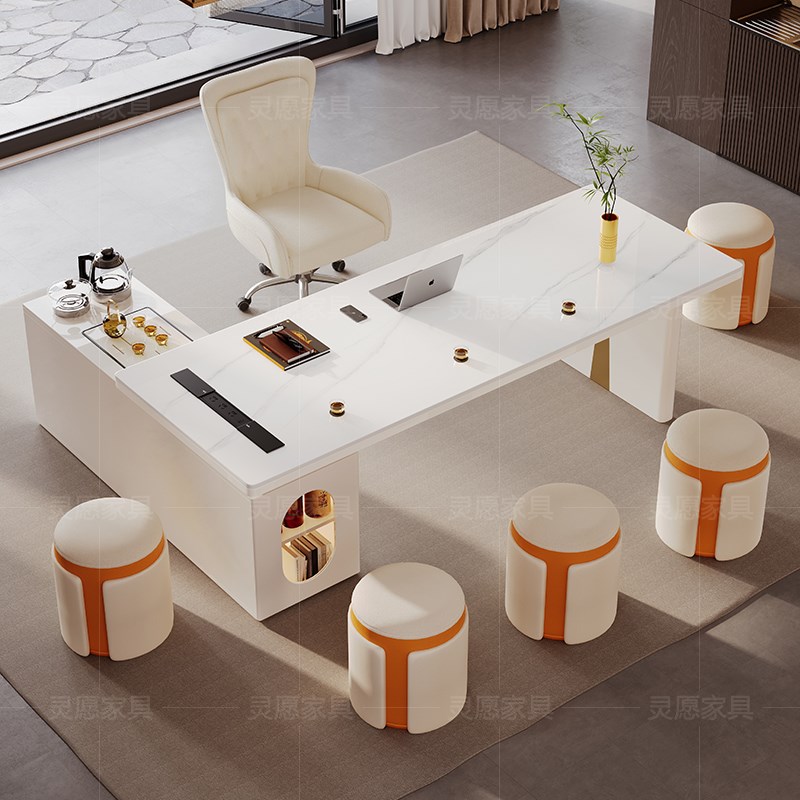 奶油风岩板e茶桌椅组合轻奢现代高级感美容院办公一体实木泡茶台