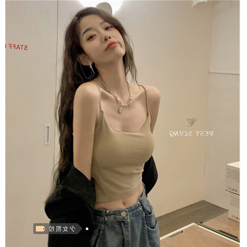 带胸垫小吊带背心女春夏大尺码胖mm甜辣内搭外穿美背短款辣妹上衣