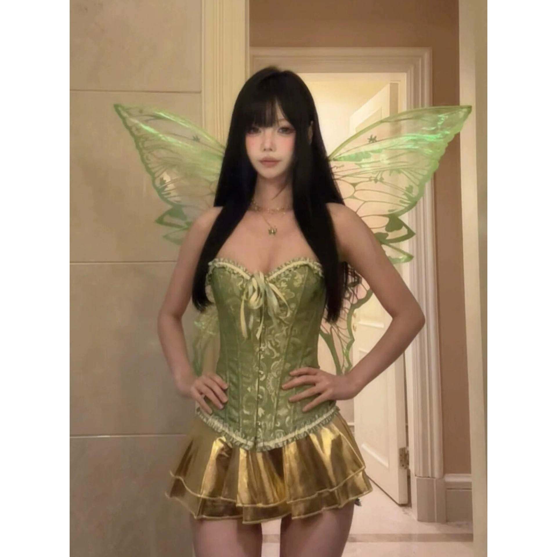 三件套装！辣妹性感重工绿色鱼骨抹胸上衣女气质高腰显瘦半身裙
