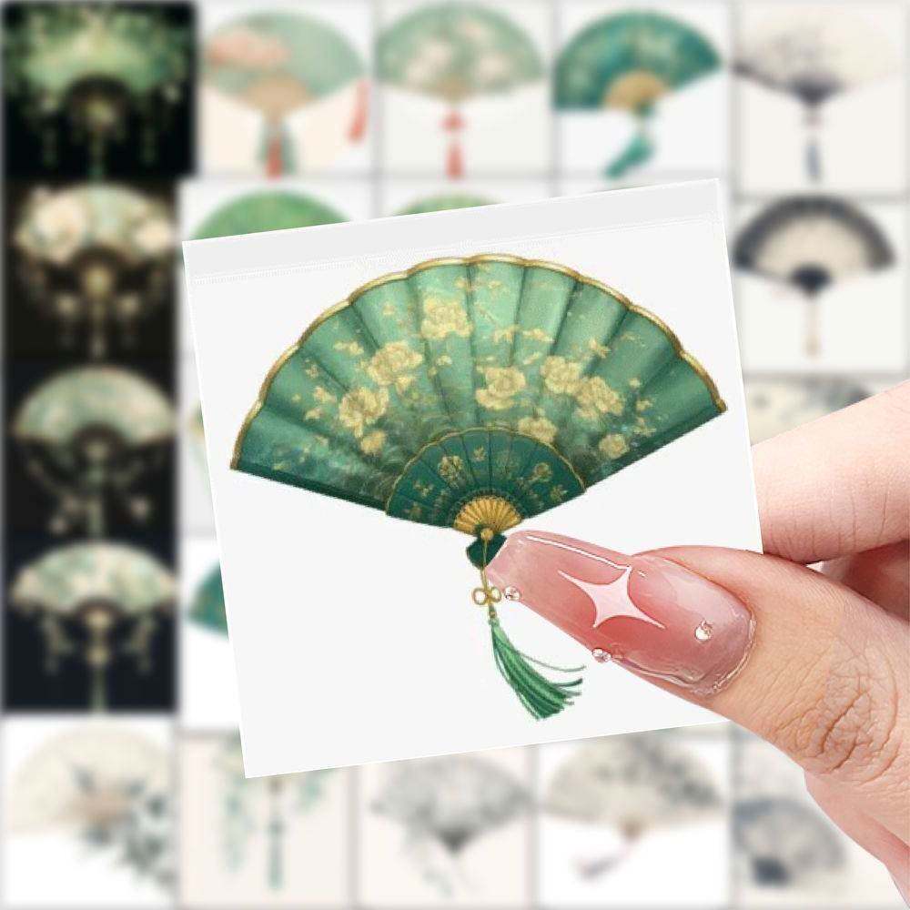 新款古风扇子贴纸唯美创意插画装饰DIY手帐手账水杯素材防水贴画