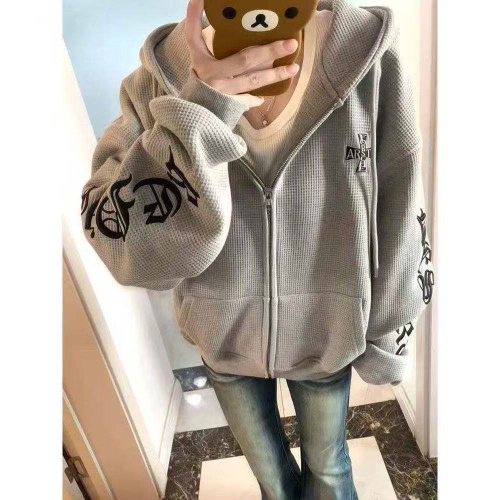 美式哥特风灰色连帽卫衣外套女秋冬季巨好看酷飒宽松休闲拉链上衣