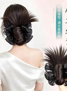 2026新款自带造型变美流苏烫钻抓夹丸子头假发女慵懒鸡毛花苞头