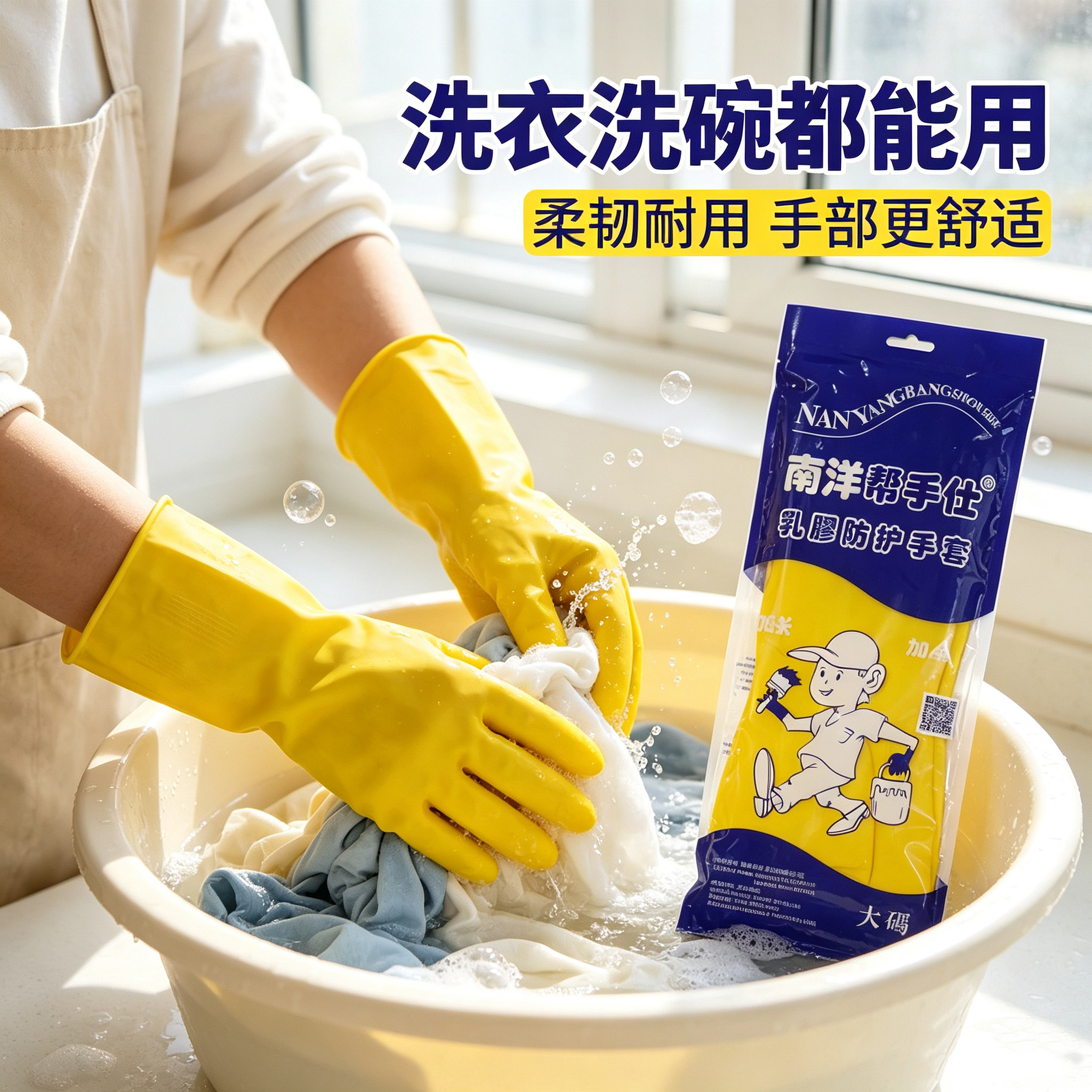 乳胶手套加厚耐磨防水洗碗洗碗手套家用厨房橡胶防滑黄色家务手套