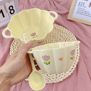 奶油双耳碗釉下彩家用陶瓷碗甜品碗高颜值燕麦碗蒸蛋碗水果沙拉碗