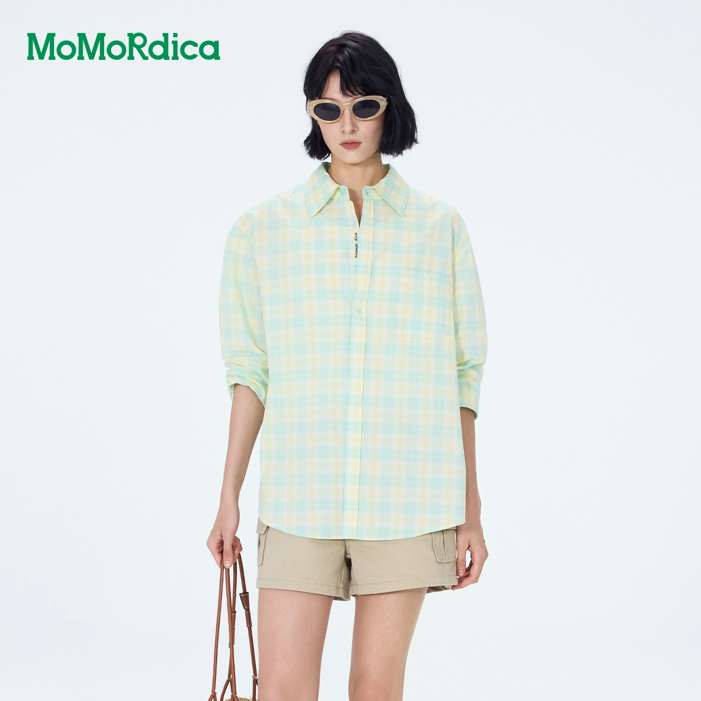 Momordica 长袖衬衣女夏新款韩系清新撞色格纹衬衫宽松显瘦上衣女