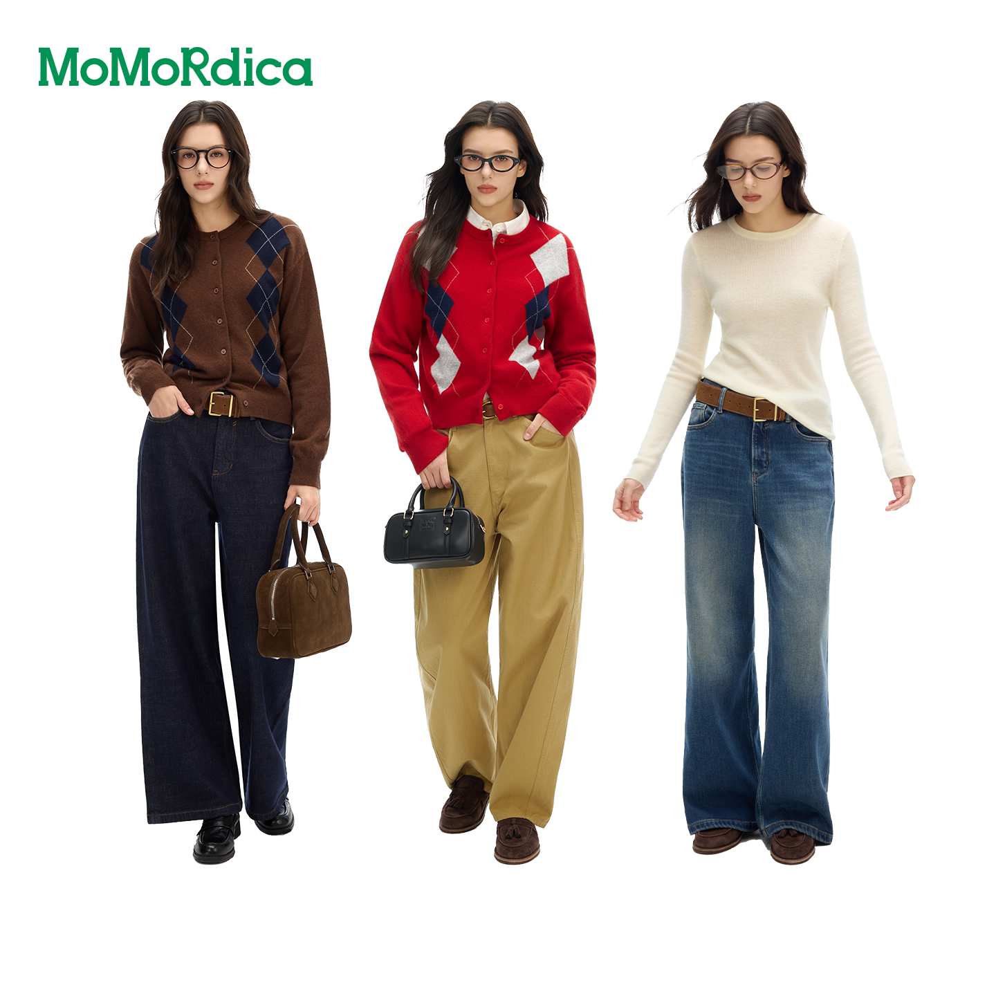 Momordica绵羊毛菱格纹针织衫/显瘦百搭休闲直筒牛仔裤