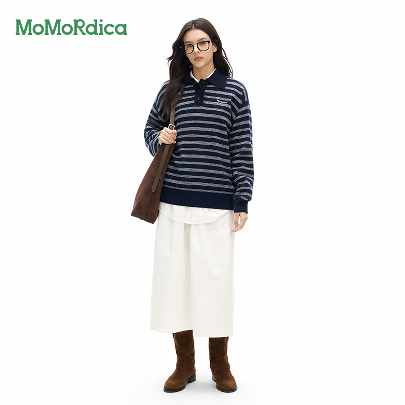 Momordica新款2025年冬季条纹POLO领100%绵羊毛衣休闲宽松上衣女