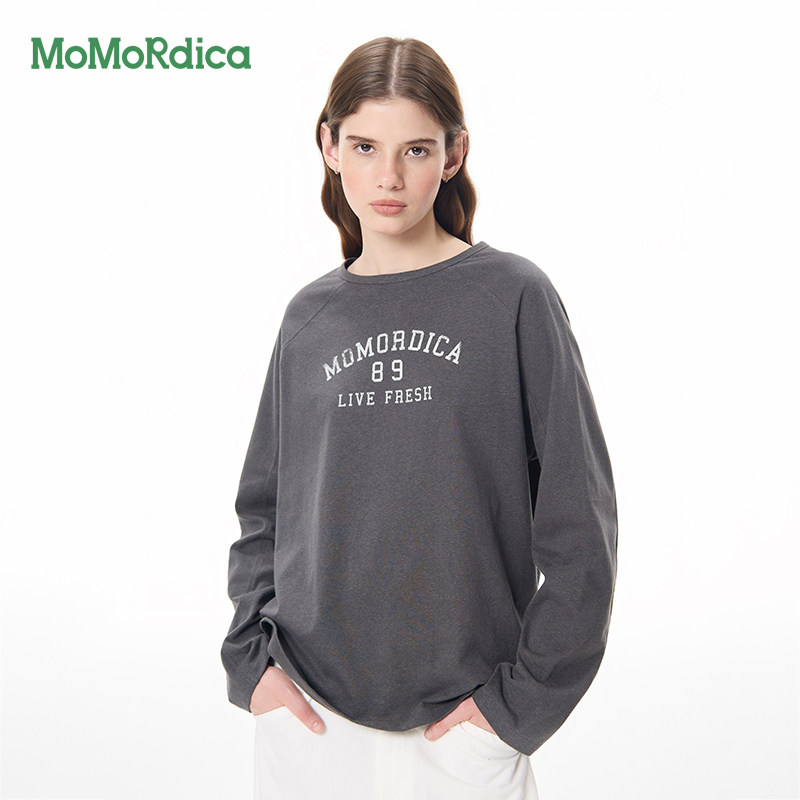 MoMoRdica 长袖T恤女2026秋季圆领套头衫水墨印花插肩袖显瘦上衣
