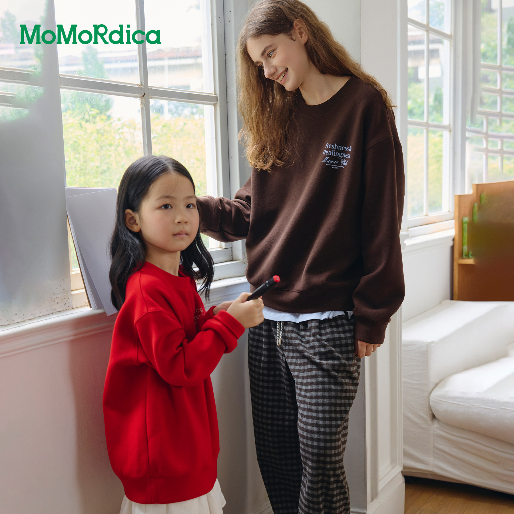 Momordica套头圆领卫衣2026秋季松弛感撞色印花宽松落肩卫衣女款