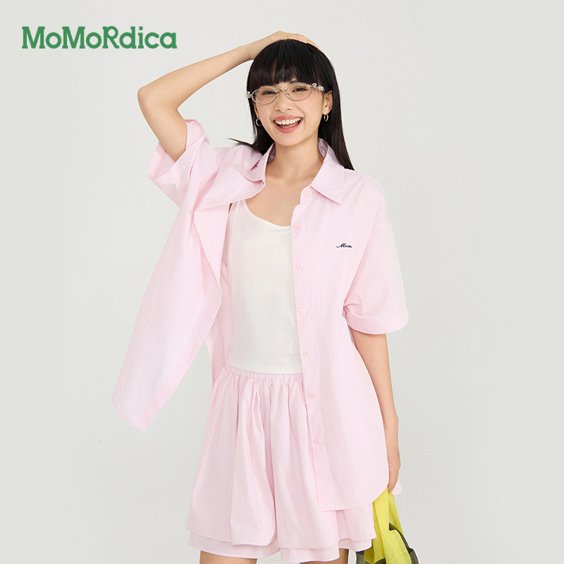 Momordica 新款甜美学院风100%里面短袖衬衫搭配A字半身裙