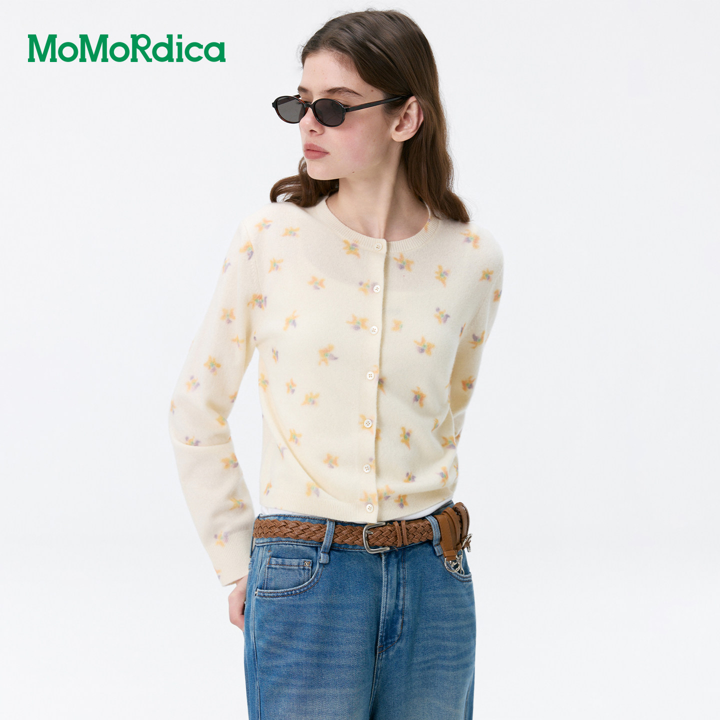 Momordica26新款女休闲田园风撞色印绣花短款圆领开衫毛衣百搭