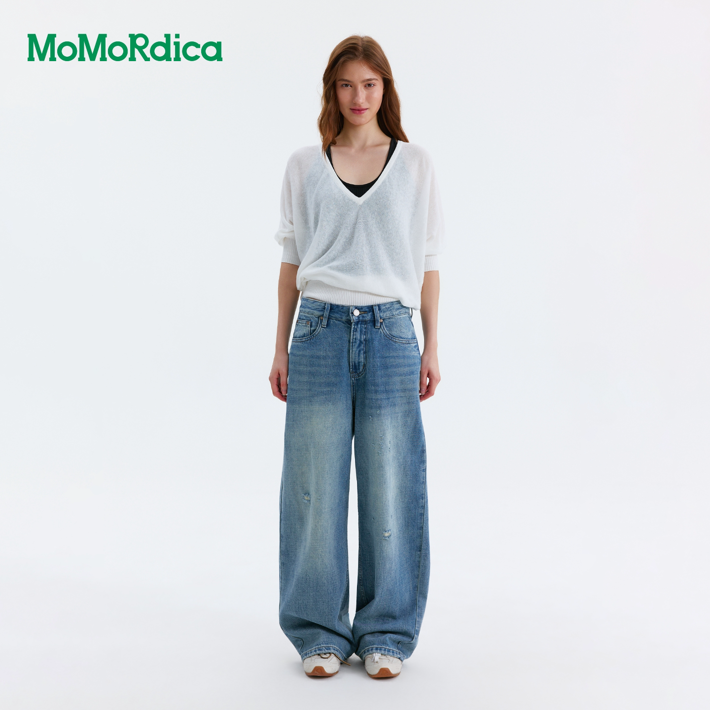 Momordica 柔感亚麻中袖针织衫/莫代尔蚕丝U领背心/破洞牛仔裤