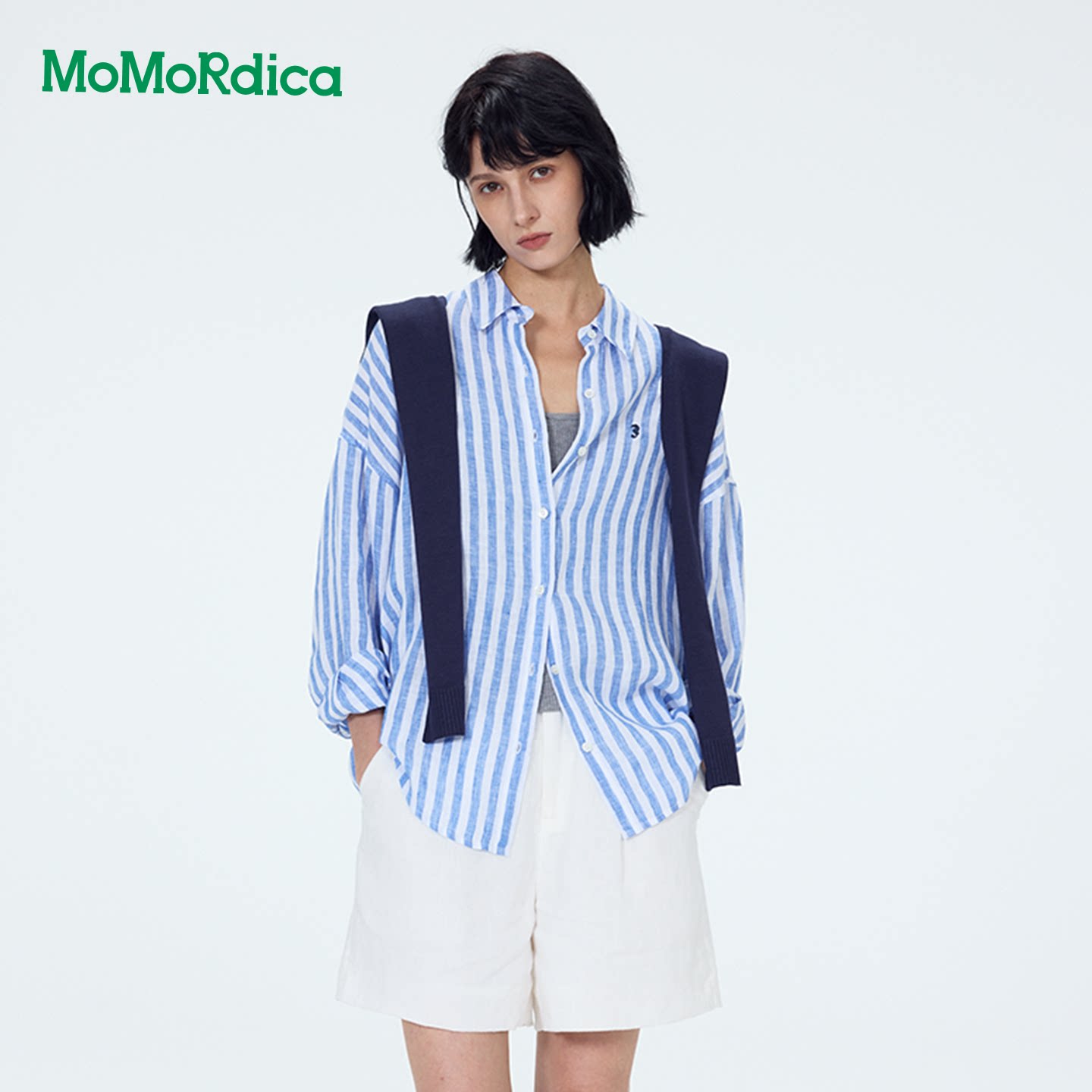 Momordica 亚麻长袖衬衣2026秋季新款宽松版型撞色条纹长袖衬衫女
