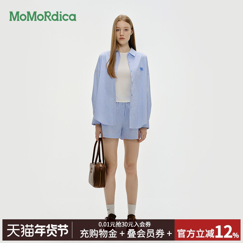【清仓】Momordica新款2025秋季条纹衬衫翻领绣花宽松衬