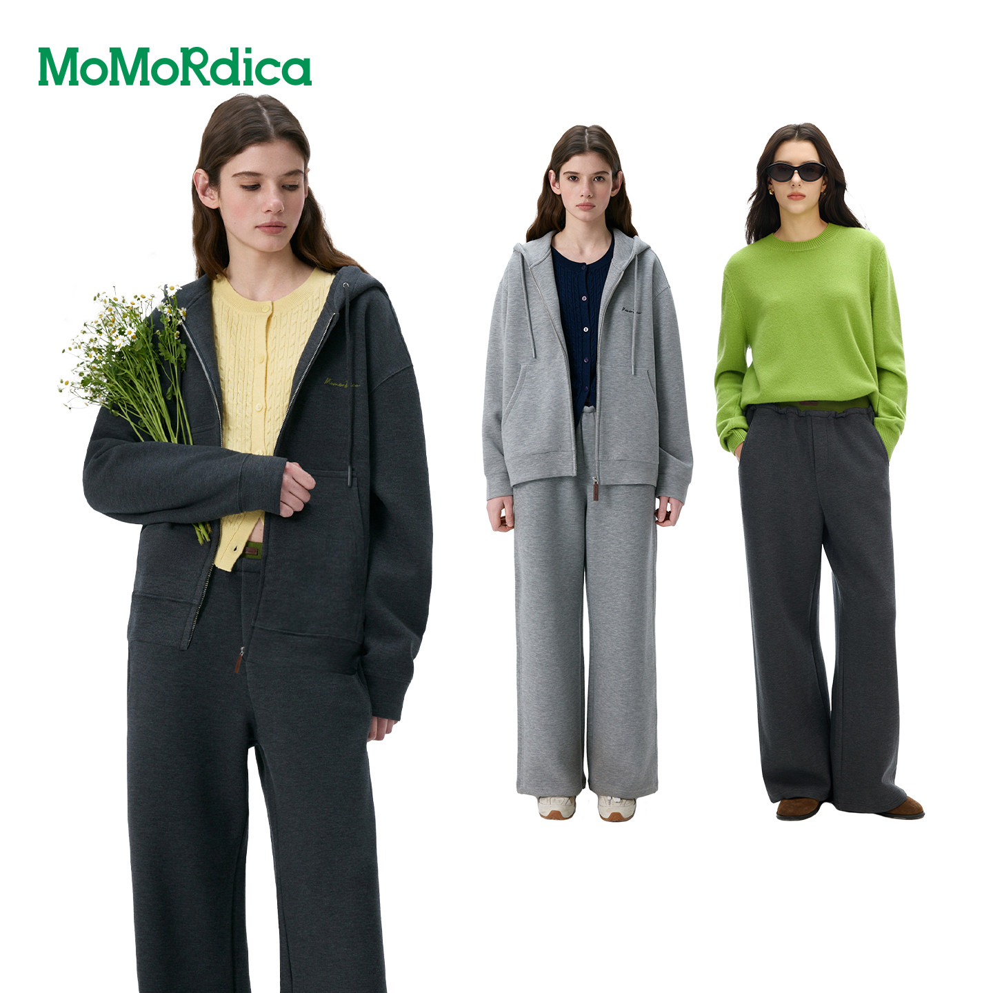 Momordica运动开衫连帽卫衣外套/撞色摇头直筒休闲长裤/圆