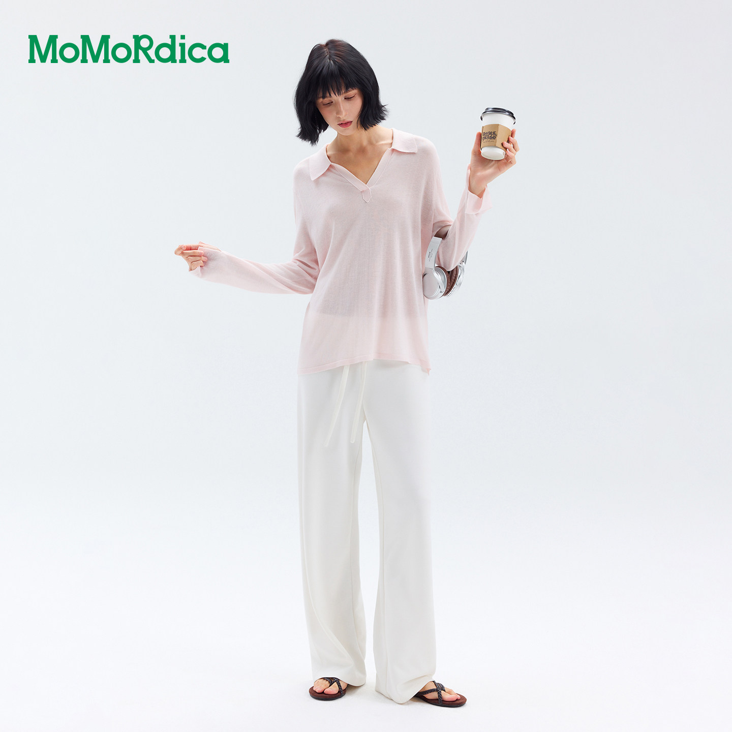 【豆乳家族】Momordica 爆款V型Polo领长袖薄针织衫/豆乳喇叭裤女