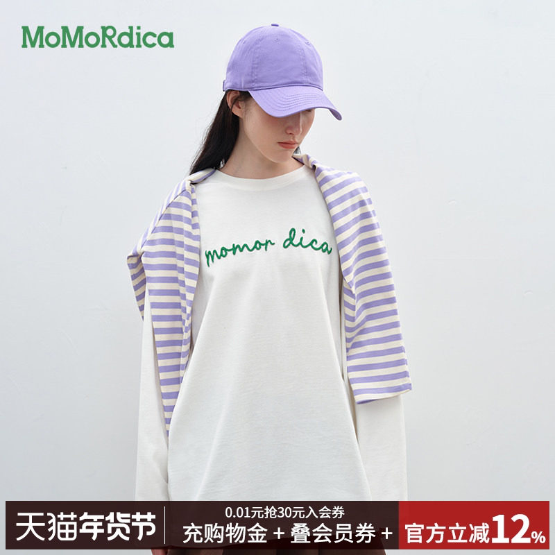 【清仓】Momordica新款宽松休闲长袖绣花套头潮流百搭圆领T