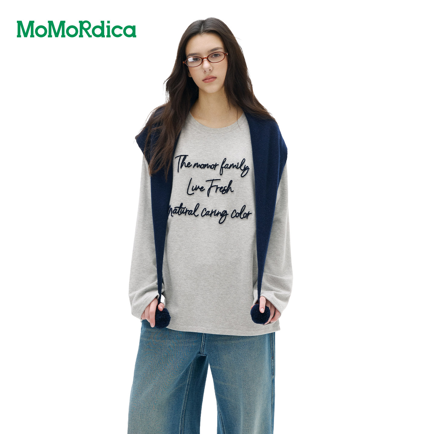 Momordica长袖T恤秋季新款休闲百搭撞色字母印花宽松套头上衣女