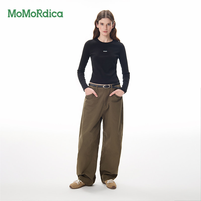 Momordica26春季新款修身休闲长袖T恤女字母绣花圆领套头纯棉上衣