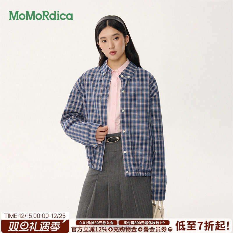 MoMoRdica2025秋季女夹克复古蓝格纹外套棉防风休闲加厚