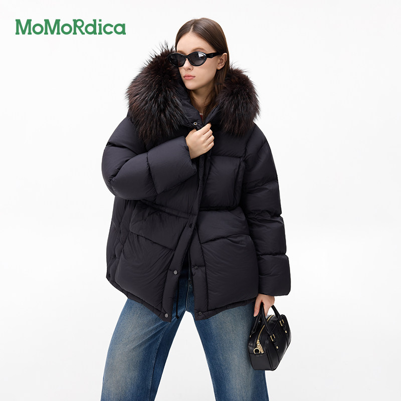 Momordica中长款羽绒服女冬季轻奢连帽毛领宽松白鸭绒保暖外套女