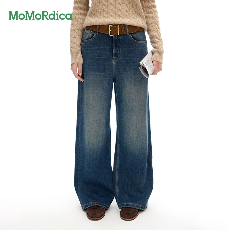 Momordica2026直筒牛仔裤女加绒重磅复古植绒牛仔面料高腰长裤女
