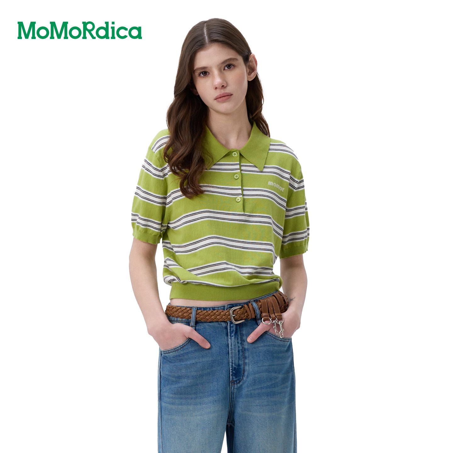 【雪欧尼粉丝专享】Momordica撞色条纹polo领针织T恤女短袖上衣